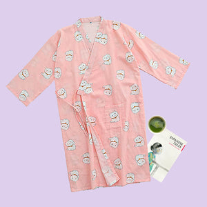 Pastel Neko Kimono Robe - The Linea Home - Kawaii Homeware - 100% Cotton -  Sakura Pink