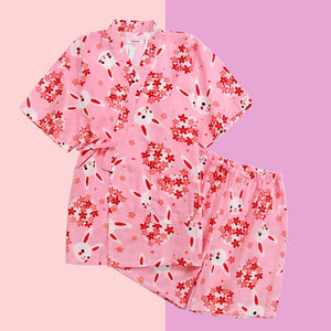 Moon Rabbit Kimono Pyjamas Set - The Linea Home - 100% Cotton - Sakura Pink and Nippon Blue - Summer Set