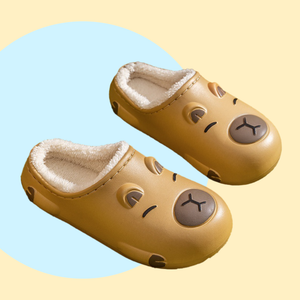 Yellowy Brown EVA slippers with Capybara design - lined with white plush inside. 