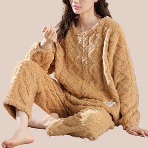 Coral Fleece Cable Knit Pyjamas - The Linea Home - Kawaii Apparel - CARAMEL YELLOW