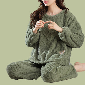 Coral Fleece Cable Knit Pyjamas - The Linea Home - Kawaii Apparel - MOSS GREEN