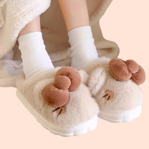 Cute Bow Kitty Slippers  - www.thelineahome.nl - Kawaii Hoemware - Toffee Cream