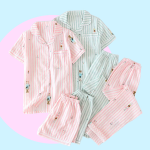 Fairtale Cotton Pyjamas Set (3PCs) - 2 pastel colour pyjamas sets - including a pair of shorts & a long pant, pink and mint greent, stripy design with hand drawn illustrations.  