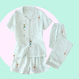 Fairtale Cotton Pyjamas Set (3PCs) - a pastel colour pyjamas set - including a pair of shorts & a long pant,  mint green, stripy design with hand drawn illustrations of cats, bears  bunnies. Very dreamy looking