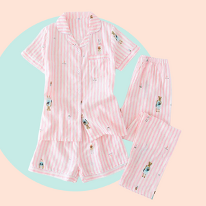 Fairtale Cotton Pyjamas Set (3PCs) - a pastel colour pyjamas set - including a pair of shorts & a long pant,  Sakura Pink, stripy design with hand drawn illustrations of cats, bears  bunnies. Very dreamy looking