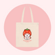 Tote bag with a cute cat design and strawberry on a pink background. There's a slogan that says ' I Love You Berry Much'