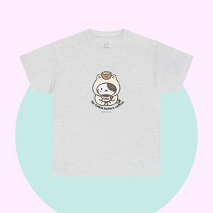 Soft grey t-shirt featuring a cute cartoon cat with a coffee cup and the phrase “No talkie before coffee.” Calm, minimalist, and kawaii—designed by The Linea Home Kitty Squad.
