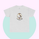Soft grey t-shirt featuring a cute cartoon cat with a coffee cup and the phrase “No talkie before coffee.” Calm, minimalist, and kawaii—designed by The Linea Home Kitty Squad.
