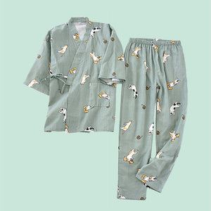 Kitty Cat Kimono Pyjamas Set - The Linea Home - Muted Mint