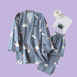 Neko Kimono Pyjama Set - The Linea Home - 100% Cotton - Pink Lemonade - Slate Grey Blue Pyjamas Set