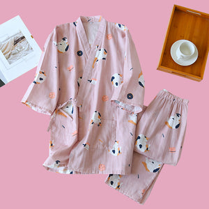 Neko Kimono Pyjama Set - The Linea Home - 100% Cotton - Pink Lemonade - PINK