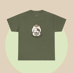 Earthy green t-shirt with a kawaii cartoon cat holding a coffee cup, plus the slogan “No talkie before coffee.” Whimsical, minimalist, and part of The Linea Home Kitty Squad collection.