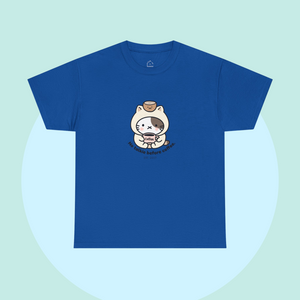 Rich blue t-shirt with an adorable cartoon cat holding a coffee cup and the words “No talkie before coffee.” Playful, minimalist design from The Linea Home Kitty Squad.