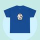 Rich blue t-shirt with an adorable cartoon cat holding a coffee cup and the words “No talkie before coffee.” Playful, minimalist design from The Linea Home Kitty Squad.