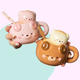 Two cute animal-themed mugs held by hands against a pastel background
