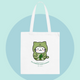 Tote bag with a green cat design and text on a light blue background