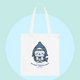 White tote bag with cute shark kitty illustration, blue text, and green sneakers, ideal for adding playful style to shopping. Tote bag