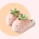 Pink plushy slippers that looks like strawberries finished in green plushy leafy stalk and seeds detail. Thick shoe sole with plush lining the interior!