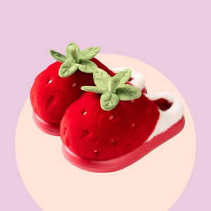 Red plushy slippers that looks like strawberries finished in green plushy leafy stalk and seeds detail. Thick shoe sole with plush lining the interior!