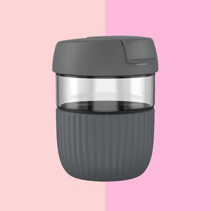 COLOUR POP TRAVEL COFFEE MUG - THE LINEA HOME - 400ML - GLASS CUP -  CHARCOAL GREY 