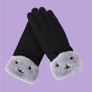Fluffy Bear Vegan Suede Gloves - The Linea Home - Kawaii Apparel - Snow Gloves for winter - Cute Design - Midnight Black Bear
