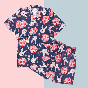 Moon Rabbit Kimono Pyjamas Set - The Linea Home - 100% Cotton - Sakura Pink and Nippon Blue - Summer Set