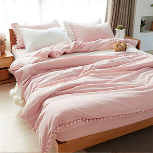 Cotton Linen Pom Pom Bedding Set - The Linea Home - Sakura Pink 